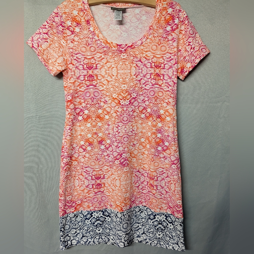 Tommy Bahama Pink Orange Printed Scoop Neck Tunic with Navy Border Trim